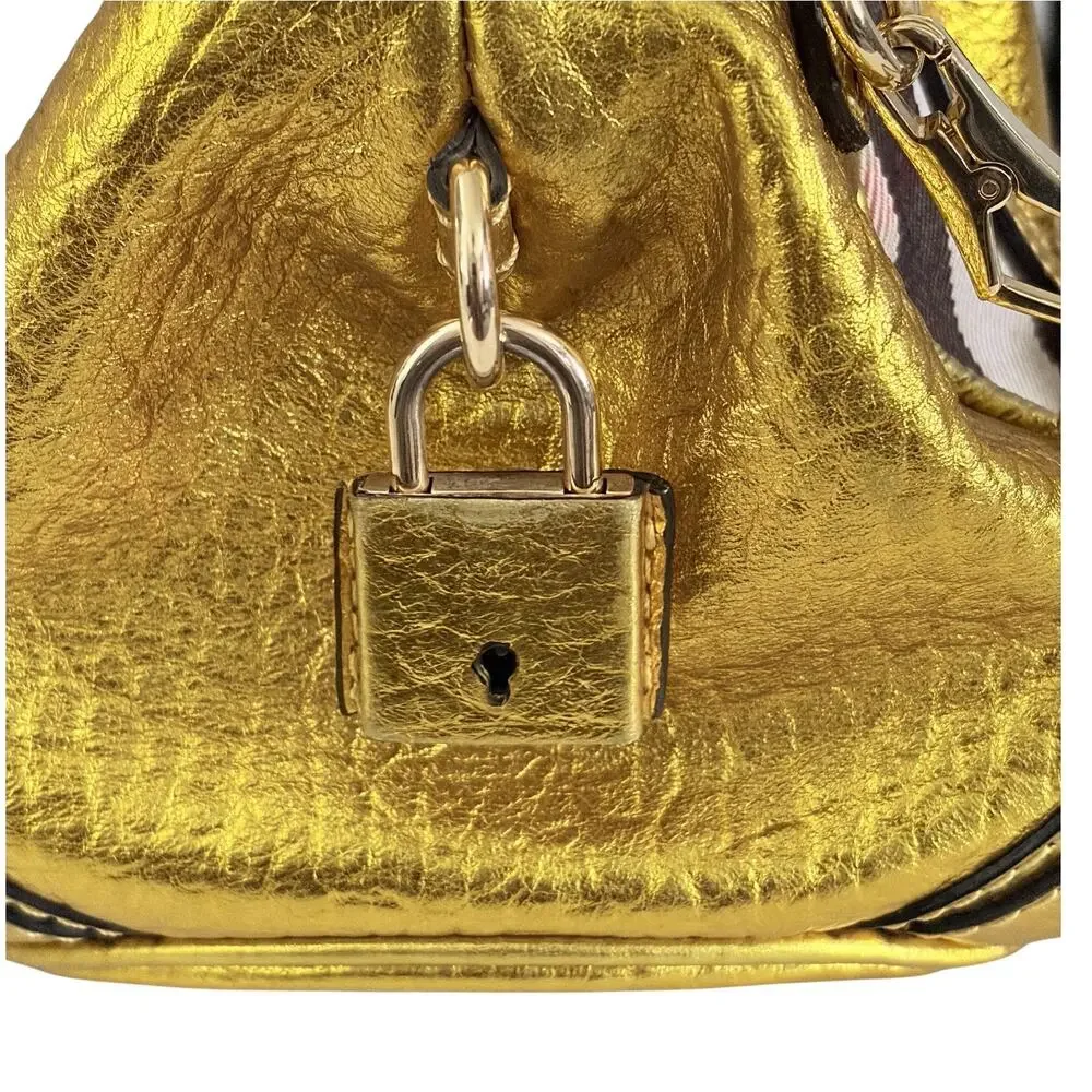 Burberry Prorsum Metallic Gold House Check Leather Bowling Bag w/ Lock & Key COA